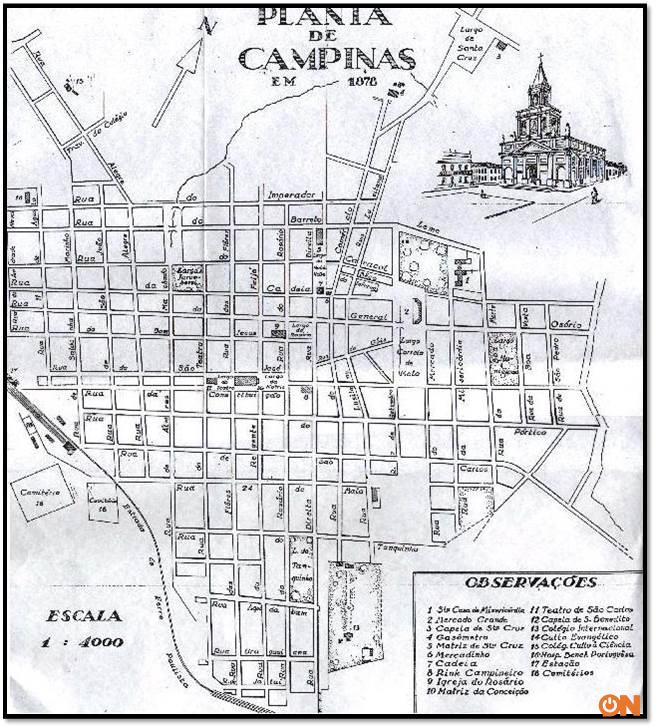 A primeira planta de Campinas, desenhada em 1878, e reproduzida no livro “Retalhos da velha Campinas”, de Geraldo Sesso Junior, publicado em 1970.