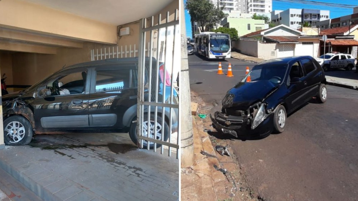 Carro desgovernado estoura portão e vai parar dentro de condomínio após acidente no Jardim Sumaré