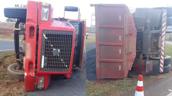 Caminhão tomba ao fazer retorno em rodovia de Ribeirão Preto