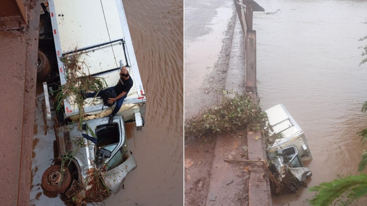 Caminhão desgovernado cai de ponte e vai parar no leito do Rio Pardo entre Cândia e Pontal