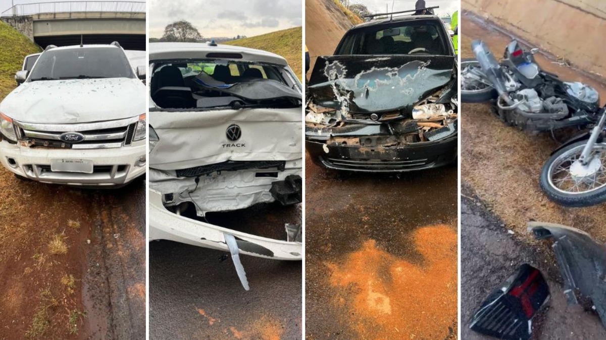 Motociclista fica ferido após engavetamento entre cinco carros e uma moto na Cândido Portinari