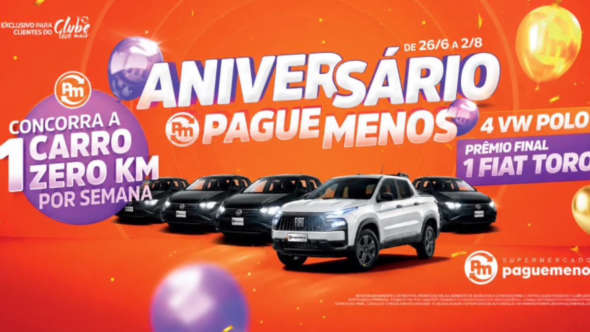 O Aniversário Pague Menos terá duração de 38 dias, reunindo ofertas exclusivas, experiências diferenciadas e a chance de concorrer a cinco carros zero quilômetro - Crédito: Divulgação