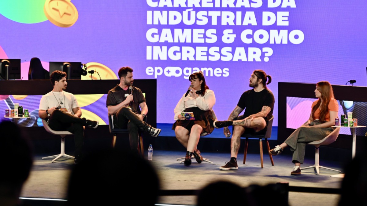 Cynthya Rodrigues, Lucas Catharino, Rakin, Pedro Matuk e Anyazita abriram a programação de domingo do EP Games com um painel sobre carreiras na indústria de games - Crédito: Thito Strambi/Enerheat