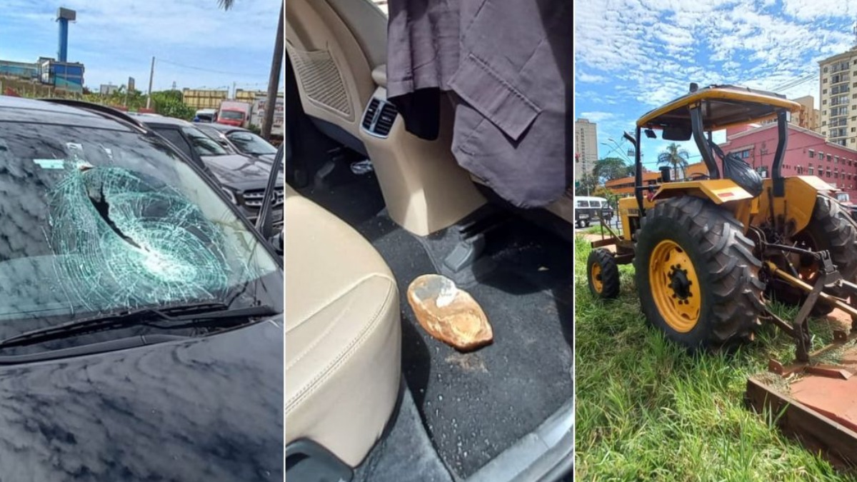 Pedra atirada por cortador de grama na Maurílio Biagi atinge vidro de carro e quase acerta motorista