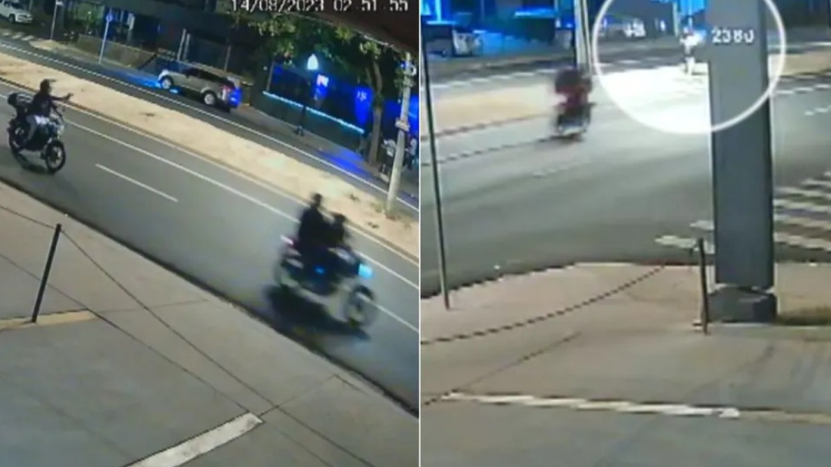 Imagens mostram momento em que motociclista atira contra dupla em moto e acaba atingindo mulher de 27 anos em Ribeirão Preto - Foto: Reprodução/Circuito de segurança